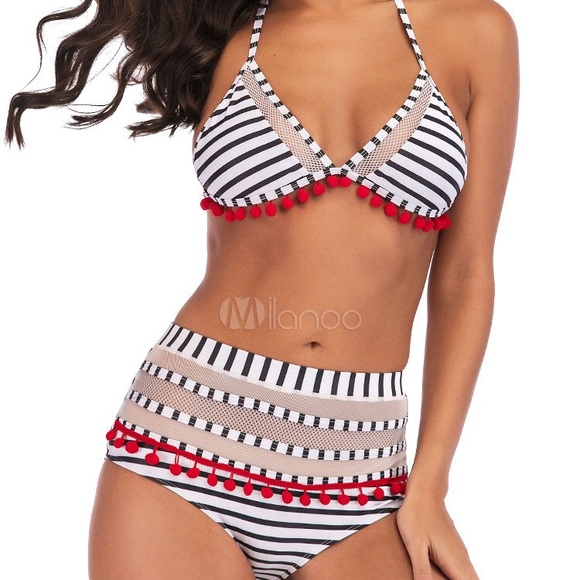 Black & White Cut-Out Bikini w/ Pom Poms - Picture 9 of 9